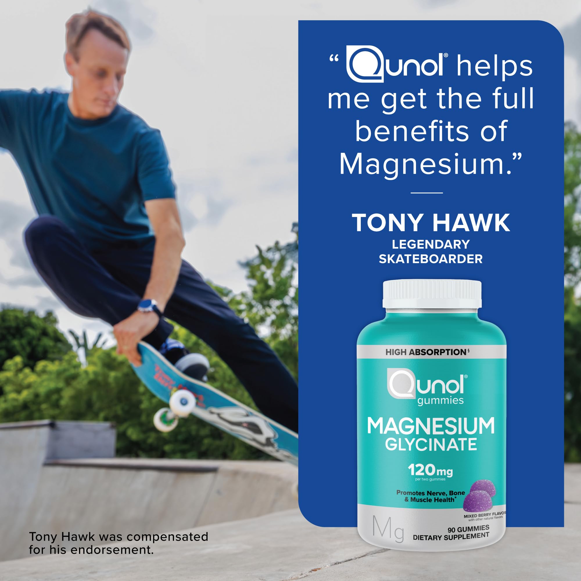 Qunol Magnesium Glycinate Gummies gluten-free icon signals gentle stomach-friendly option.
