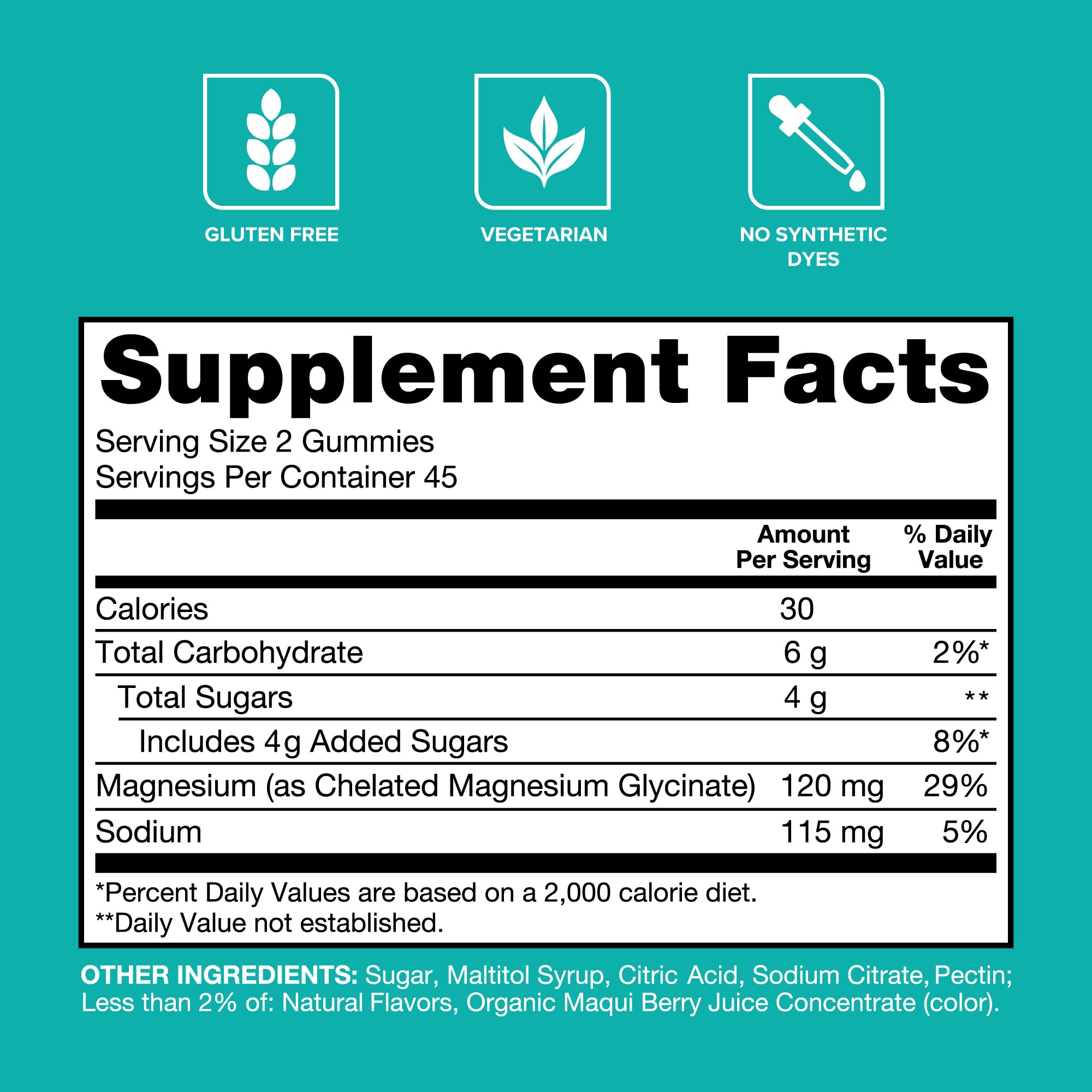 Qunol Magnesium Glycinate Gummies label detail highlights gluten-free and vegetarian features.