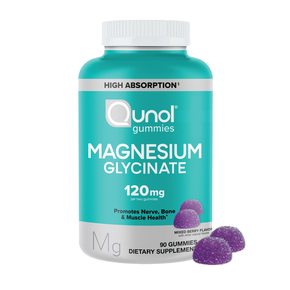Qunol Magnesium Glycinate Gummies mixed berry bottle front promotes daily wellness.