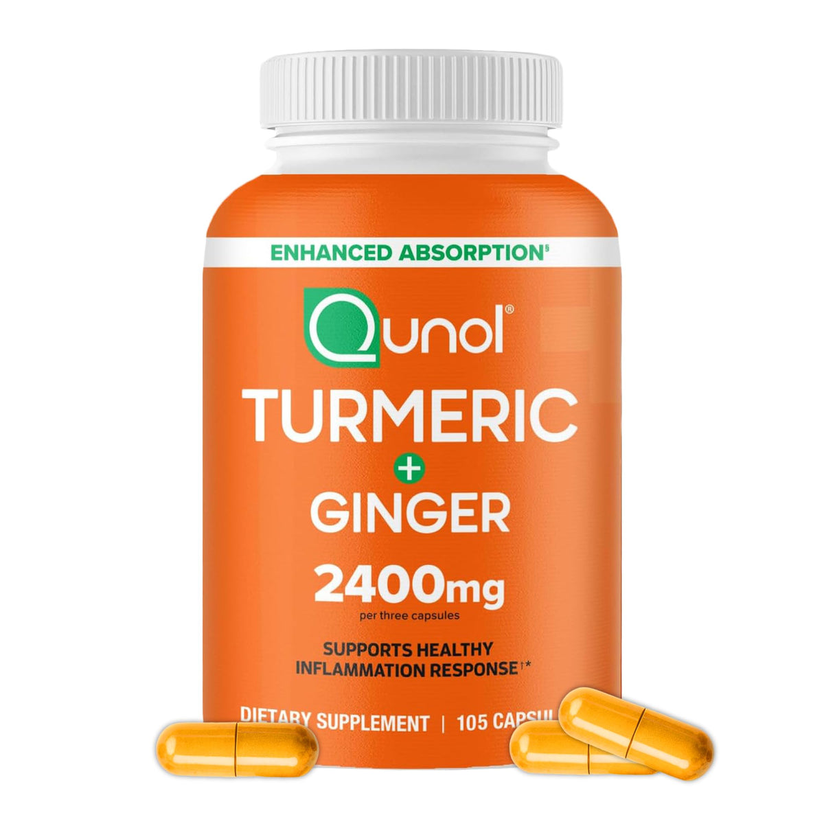 Front view of Qunol Turmeric Curcumin bottle with Black Pepper & Ginger