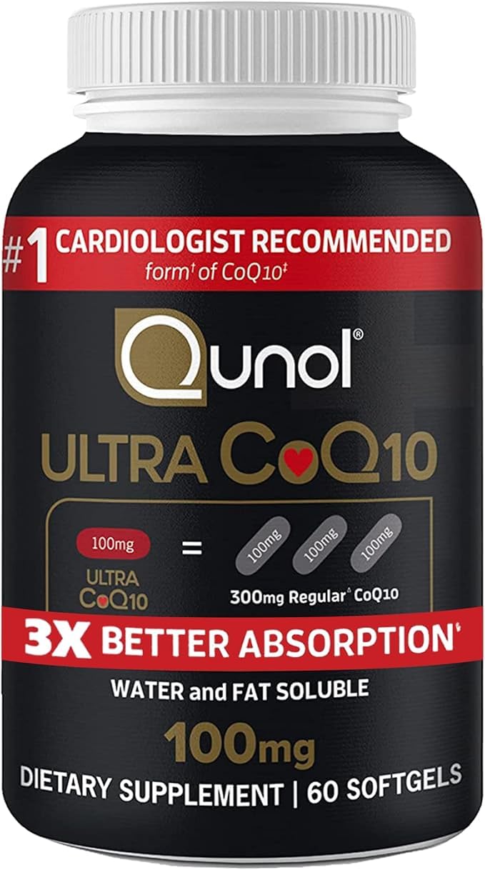 Qunol Ultra CoQ10 100mg softgel bottle for easy daily use.
