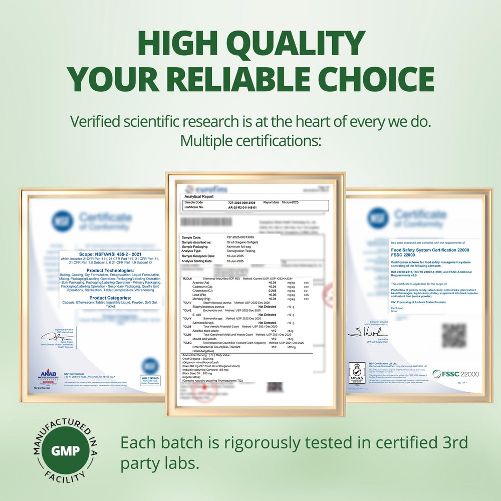 Close-up of a softgel from the QVQ oregano oil bottle with black seed oil