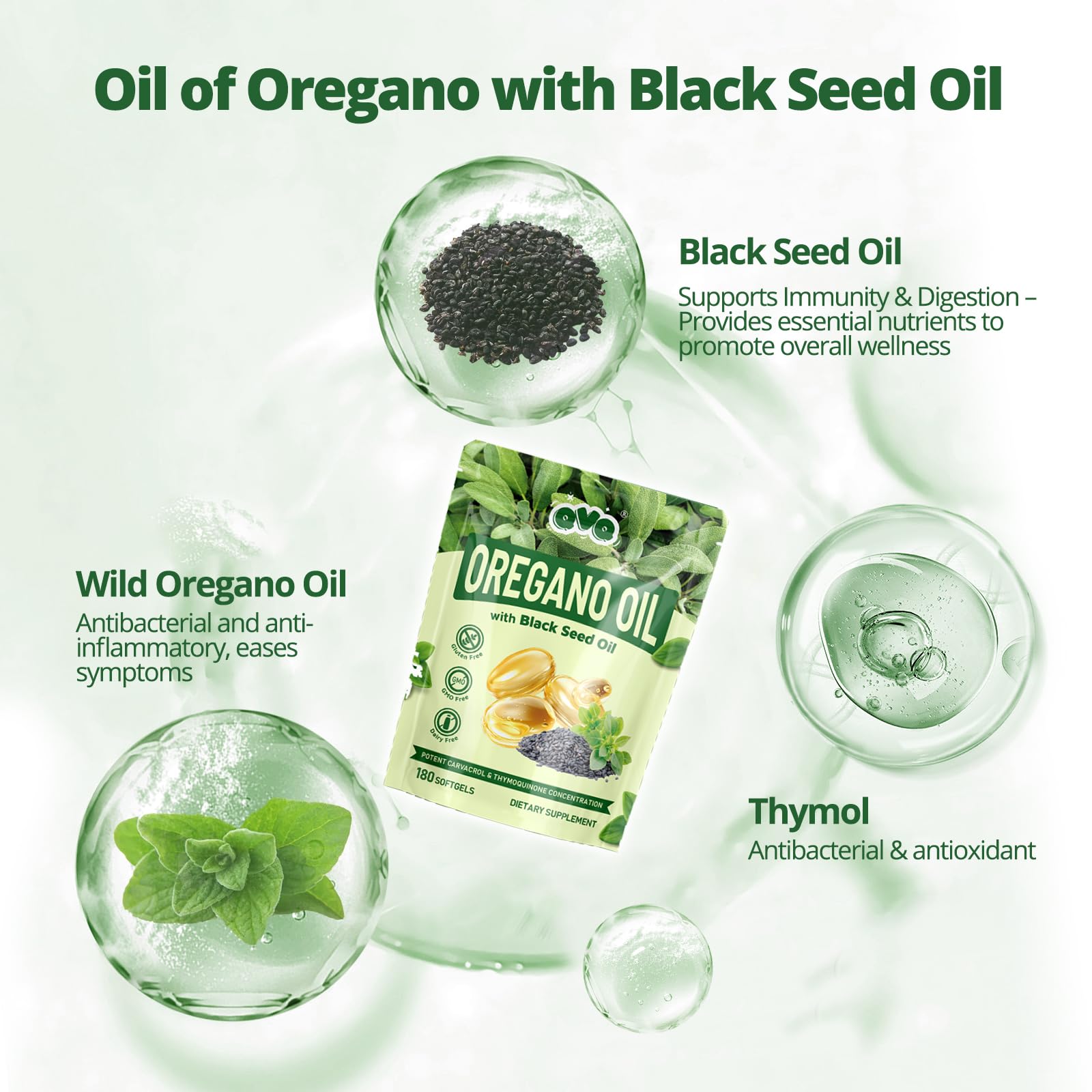 Back label with supplement facts for QVQ Oil of Oregano Softgels