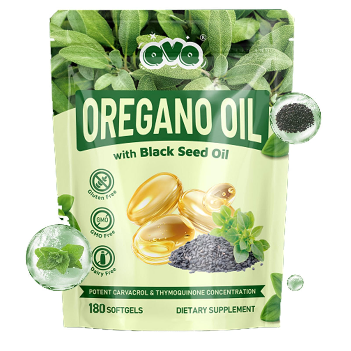 Front view of QVQ Oil of Oregano Softgels bottle
