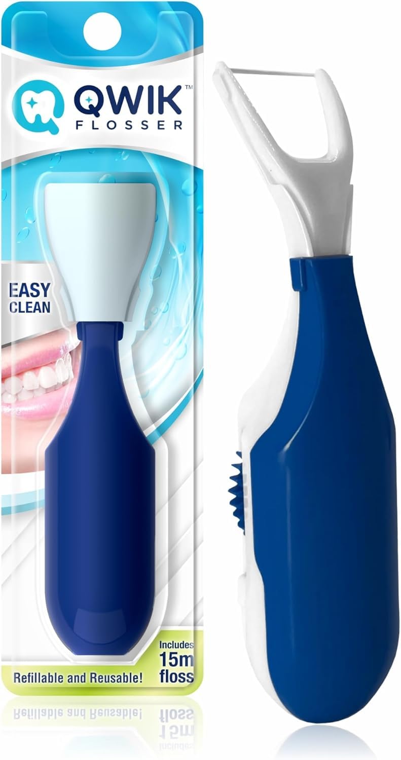 QWIK Automatic Dental Flosser in dark blue with travel cover – front view