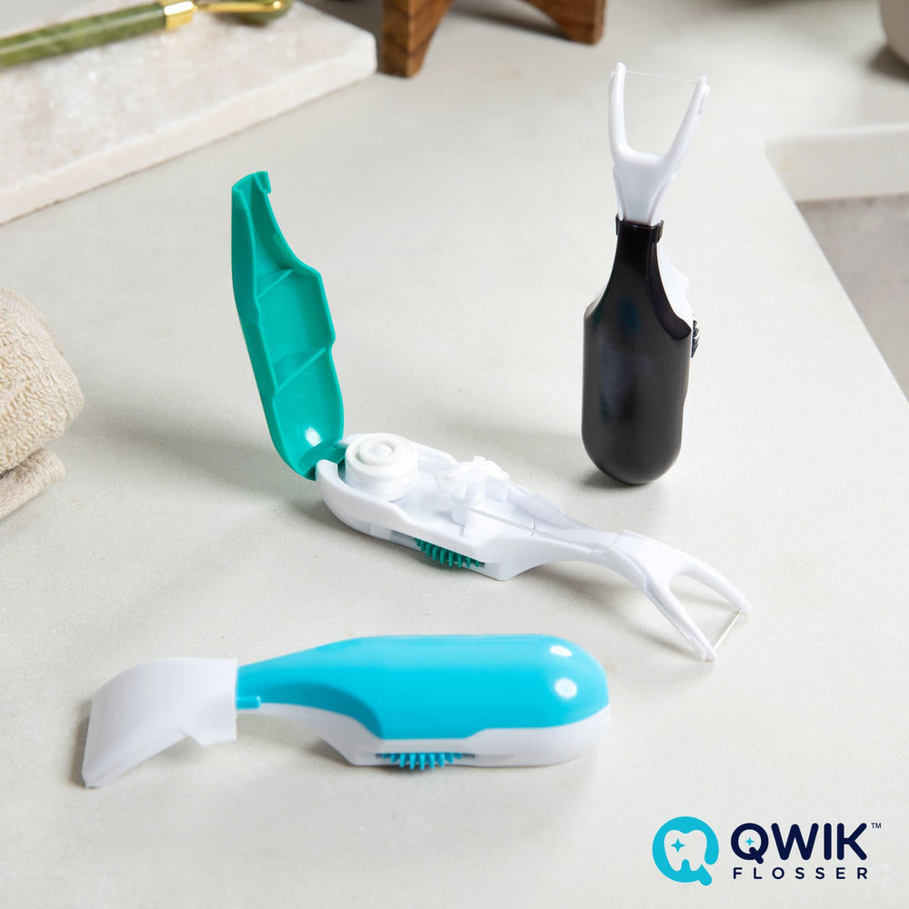 QWIK flosser with travel cover shown for travel and reuse