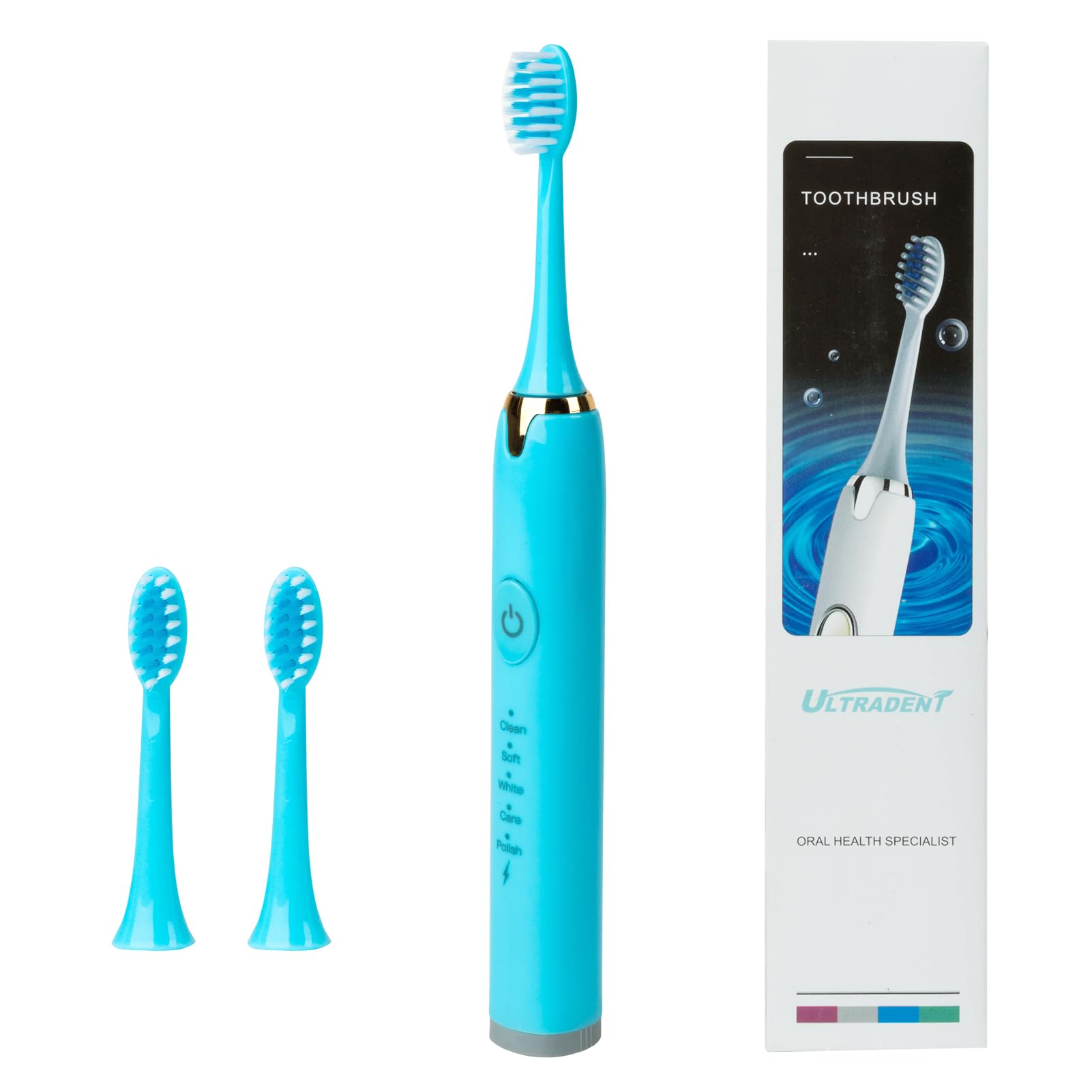 Front view of blue USB-rechargeable toothbrush