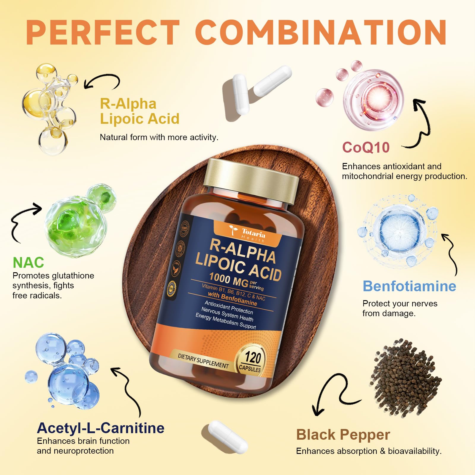 R-ALA 1000mg with Benfotiamine capsules close-up