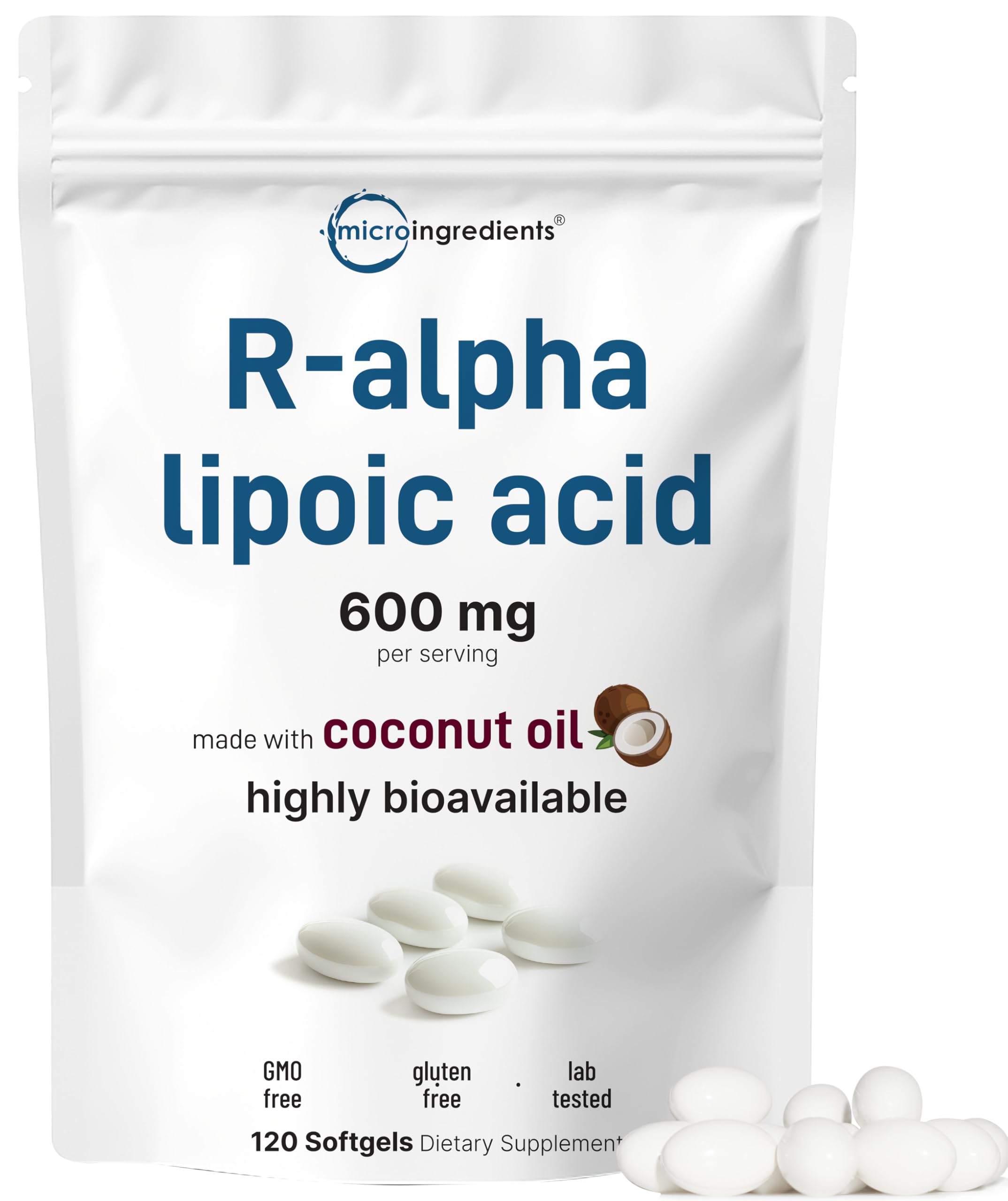 Bottle of R Alpha Lipoic Acid 600mg with coconut oil softgels, 120 count