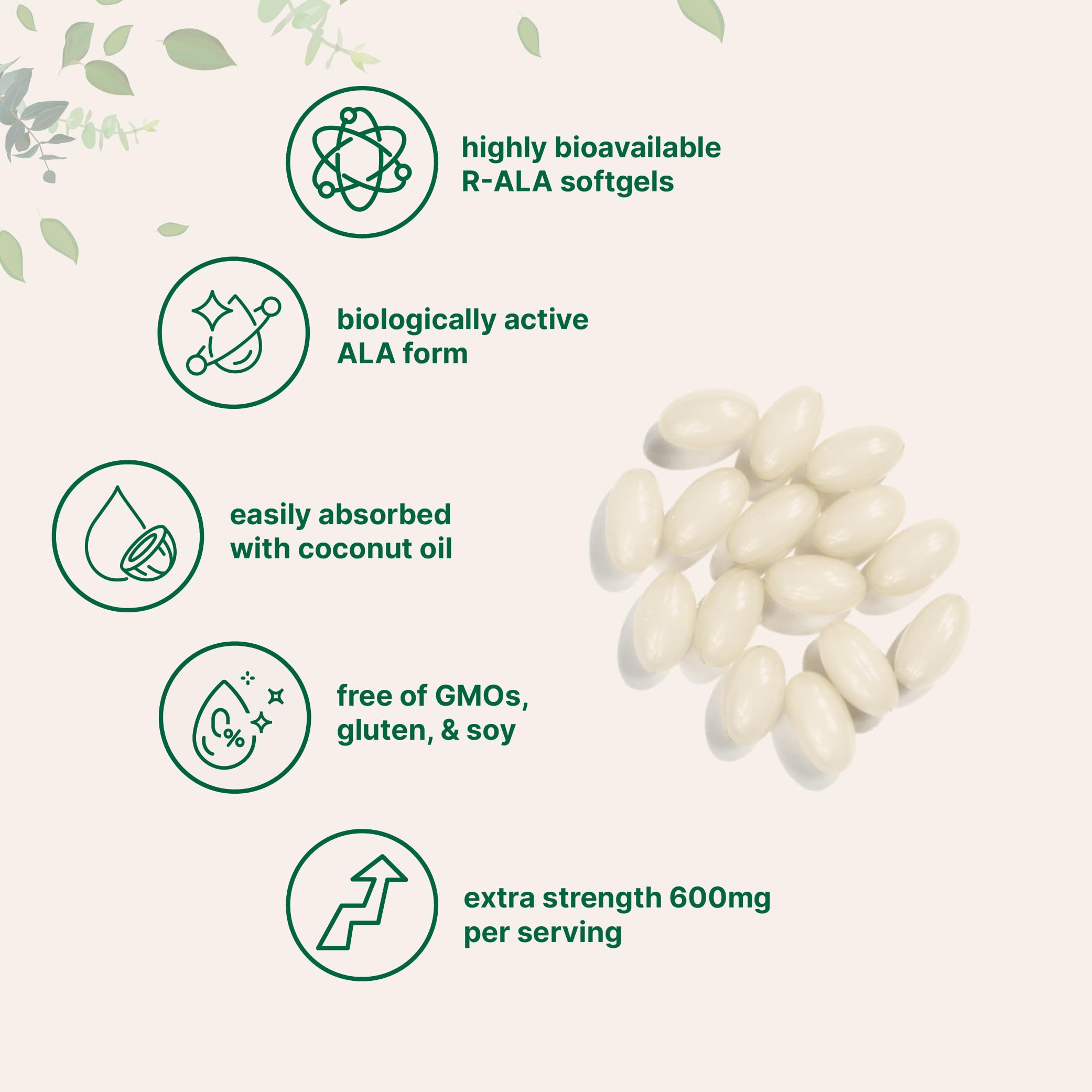Serving size showing 600mg of R-ALA per three softgels