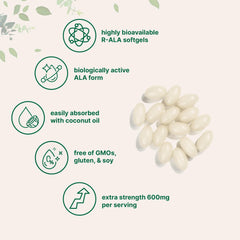 Serving size showing 600mg of R-ALA per three softgels