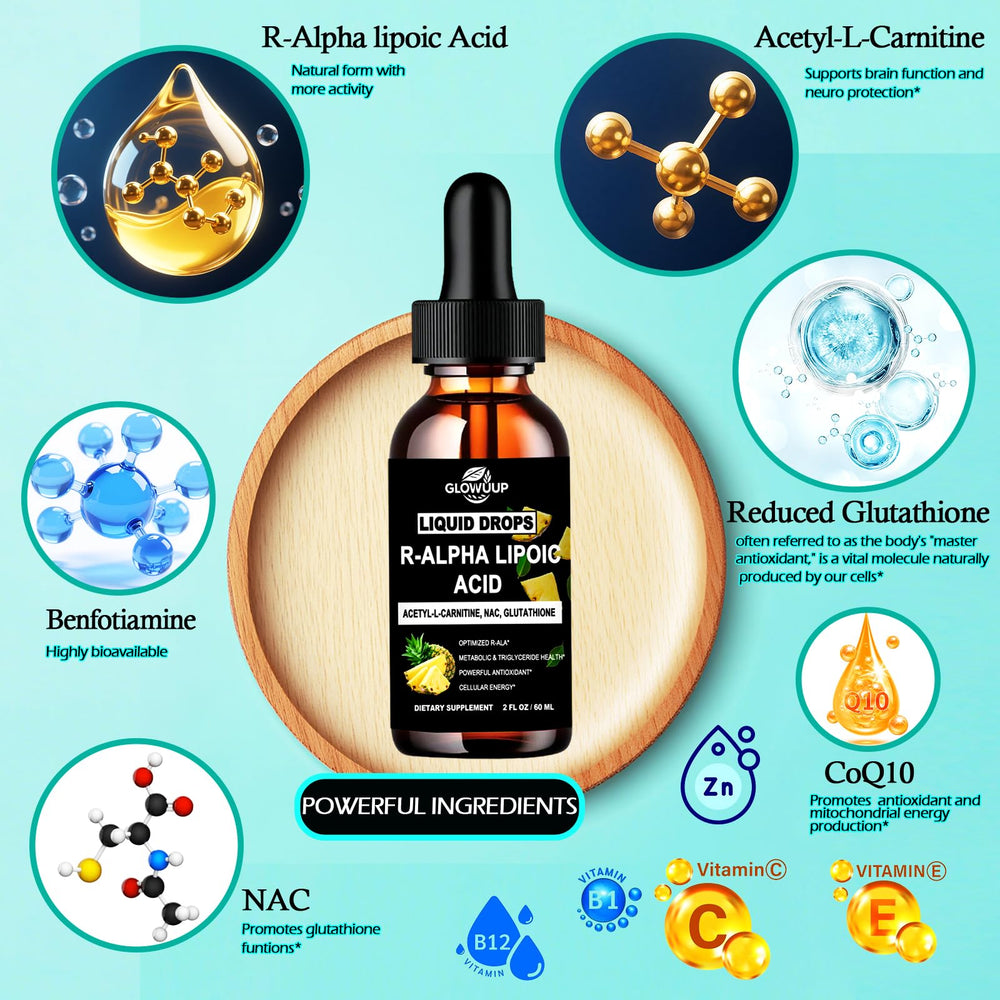 Liquid dropper dispensing pineapple-flavored R-ALA