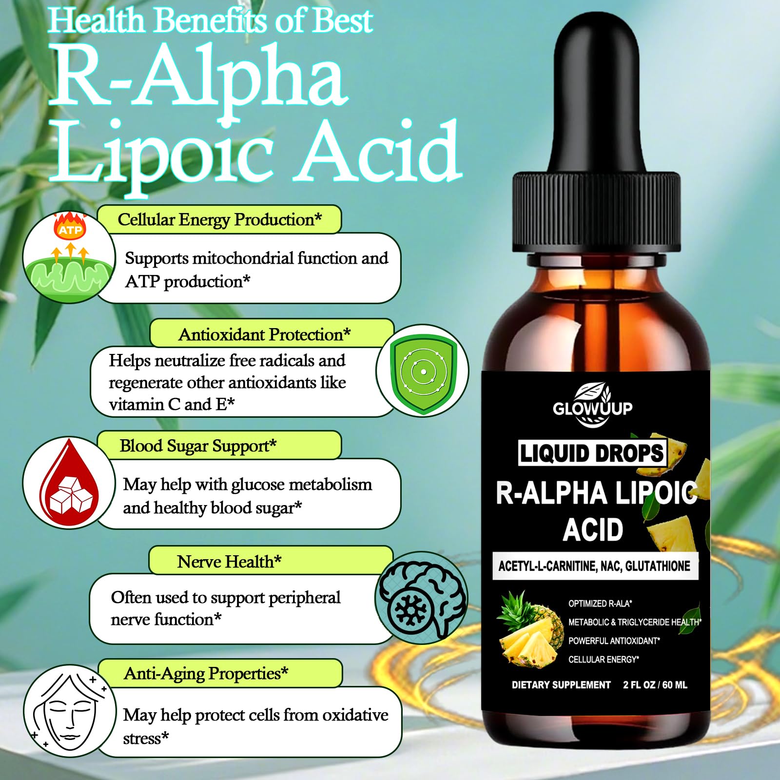 GLOVVUUP R-ALA bottle label highlighting vegan and non-GMO