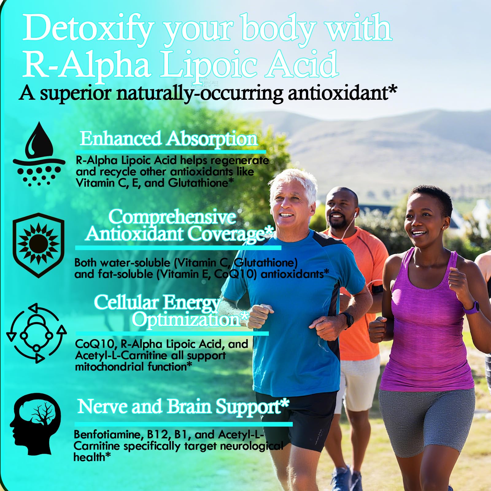 Ingredients collage: Acetyl-L-Carnitine, Reduced Glutathione, NAC, CoQ10