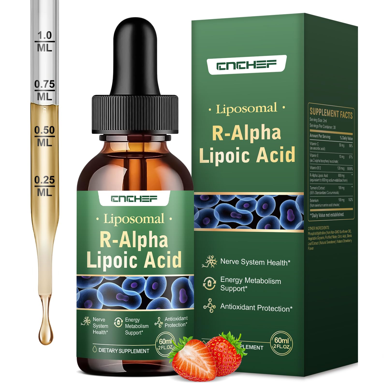 R-Alpha Lipoic Acid liquid drops bottle with strawberry flavor label