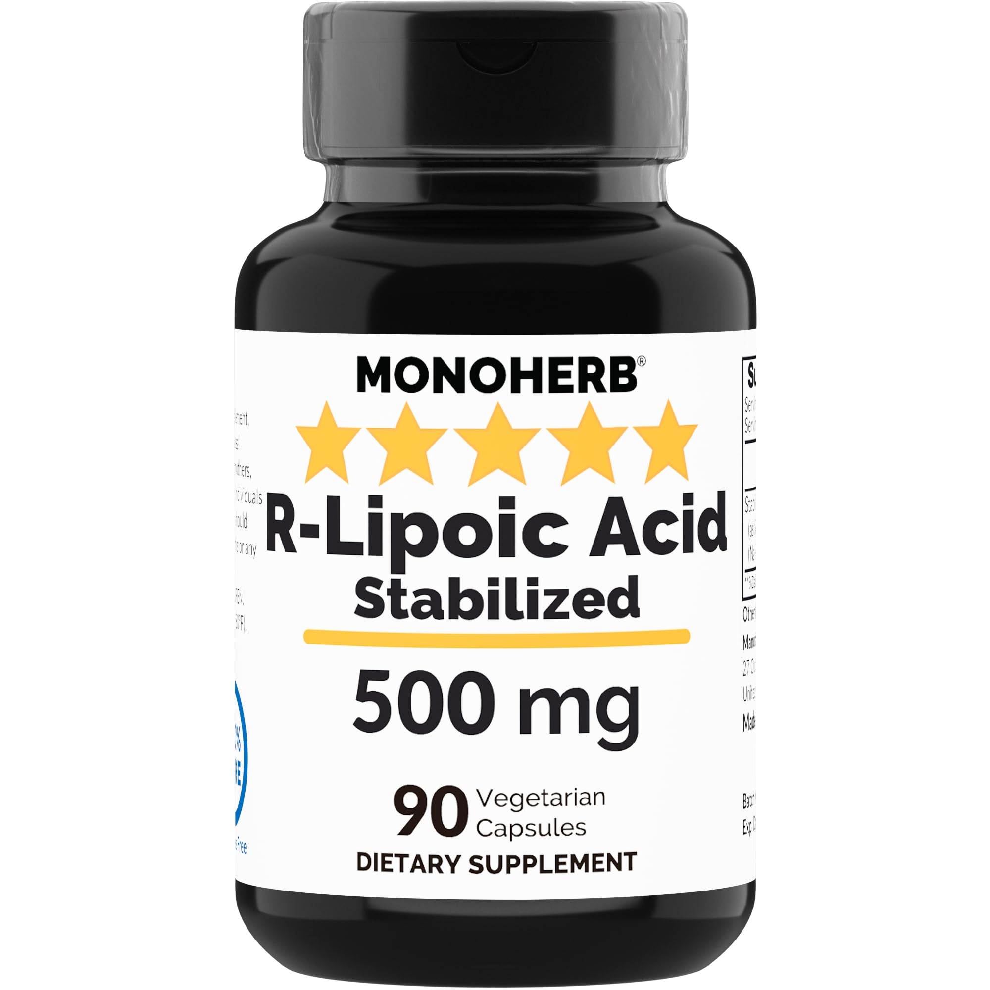 Bottle of R-Lipoic Acid 500 mg - 90 vegan capsules