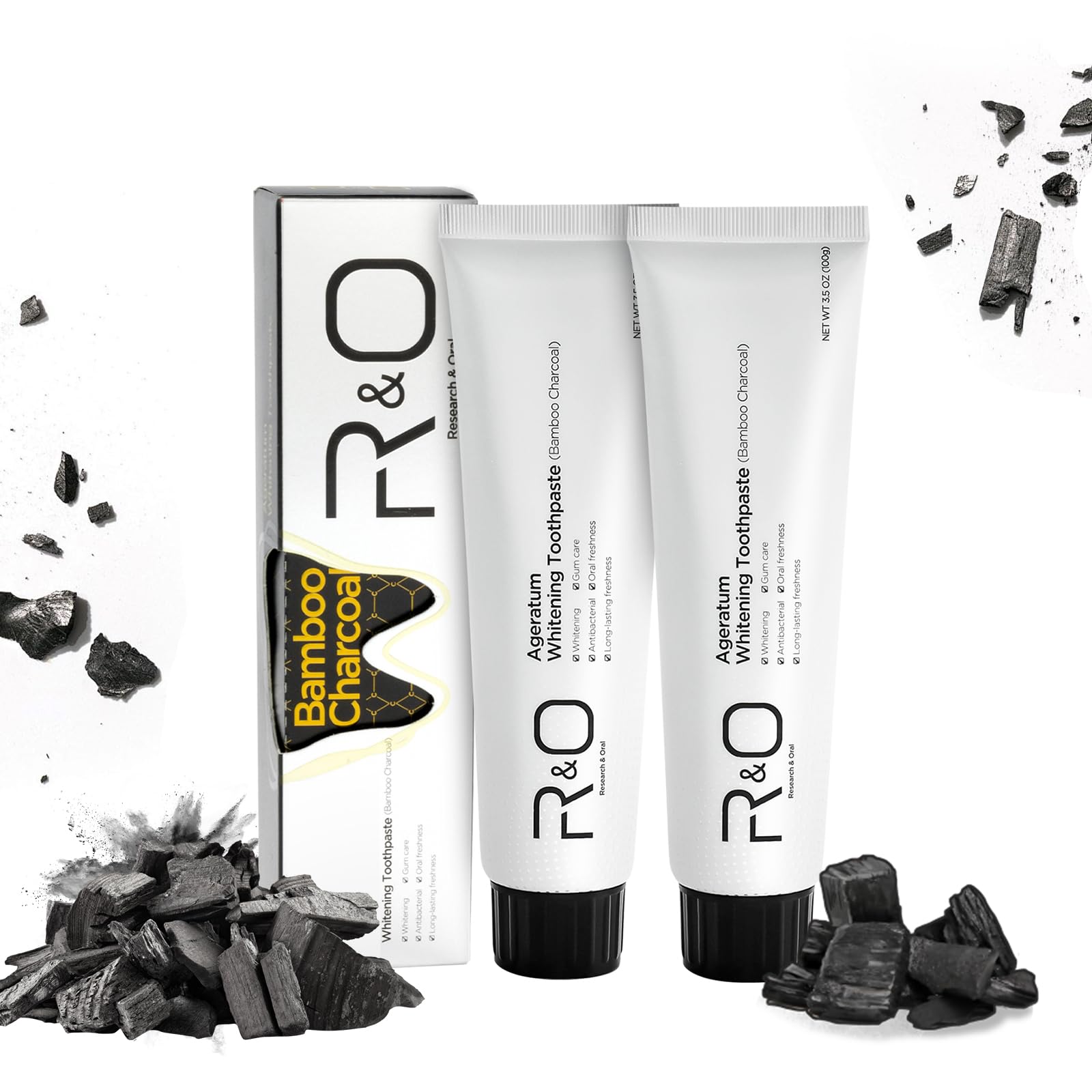 R&O Ageratum Whitening Toothpaste with bamboo charcoal tube and packaging