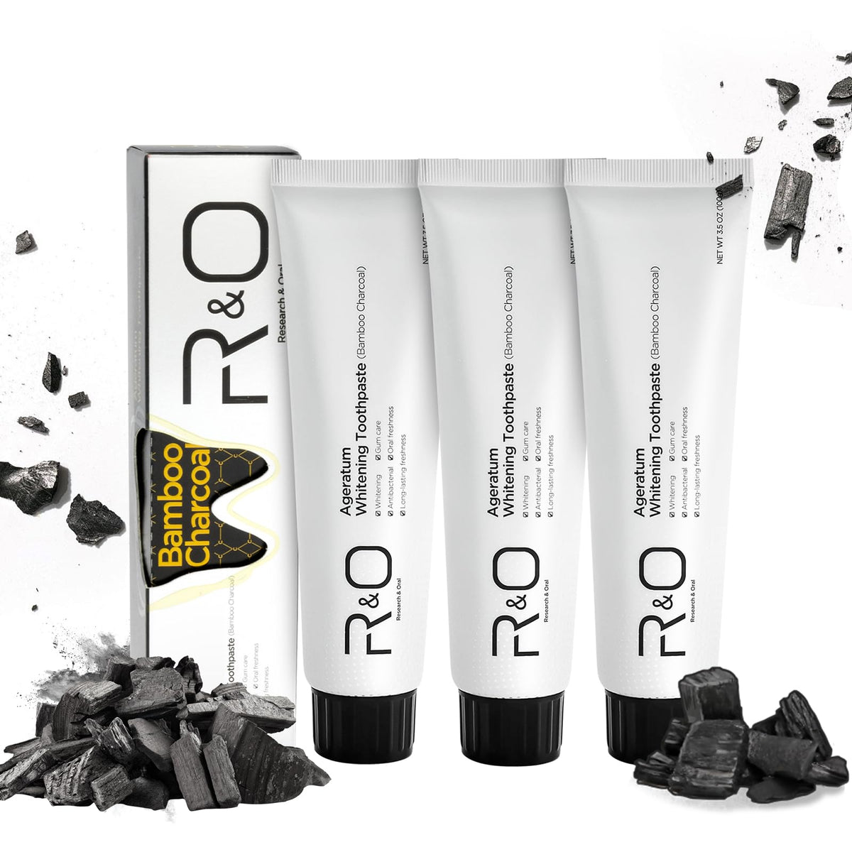 Front view of R&O Ageratum Whitening Toothpaste with Bamboo Charcoal packaging
