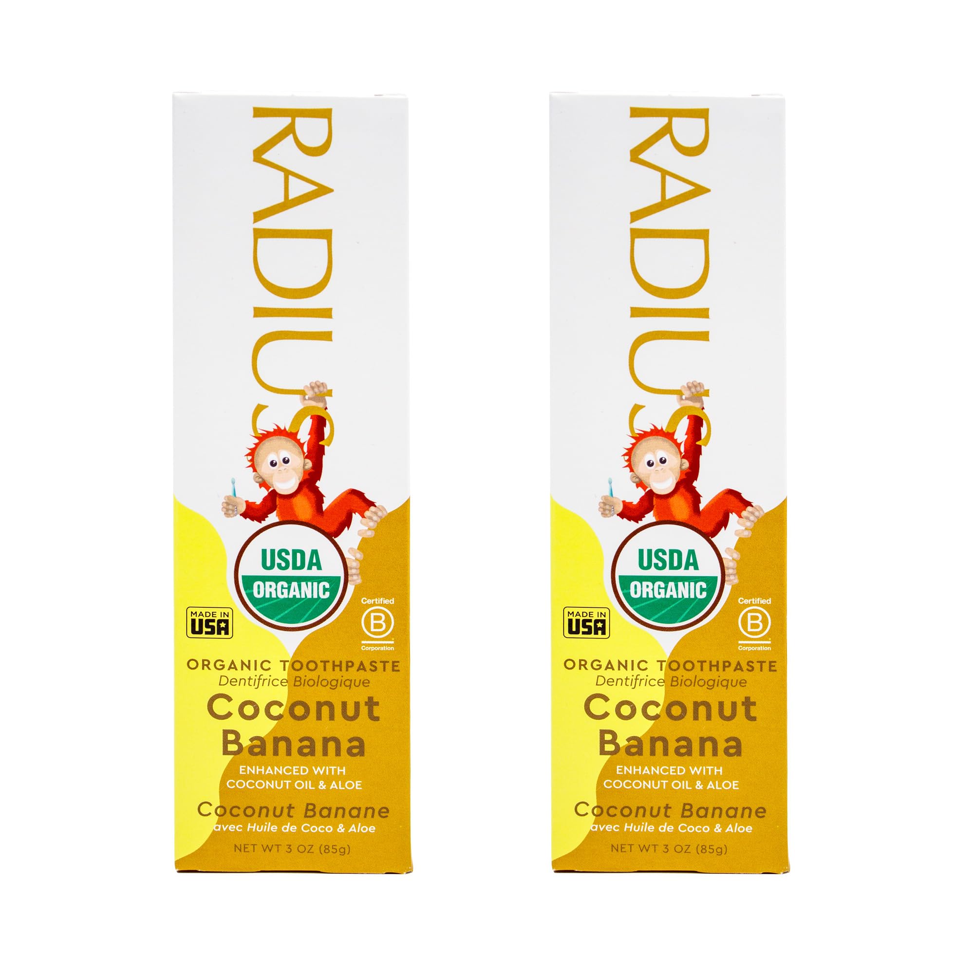 RADIUS Kids Coconut Banana Toothpaste 3oz Pack of 2 packaging