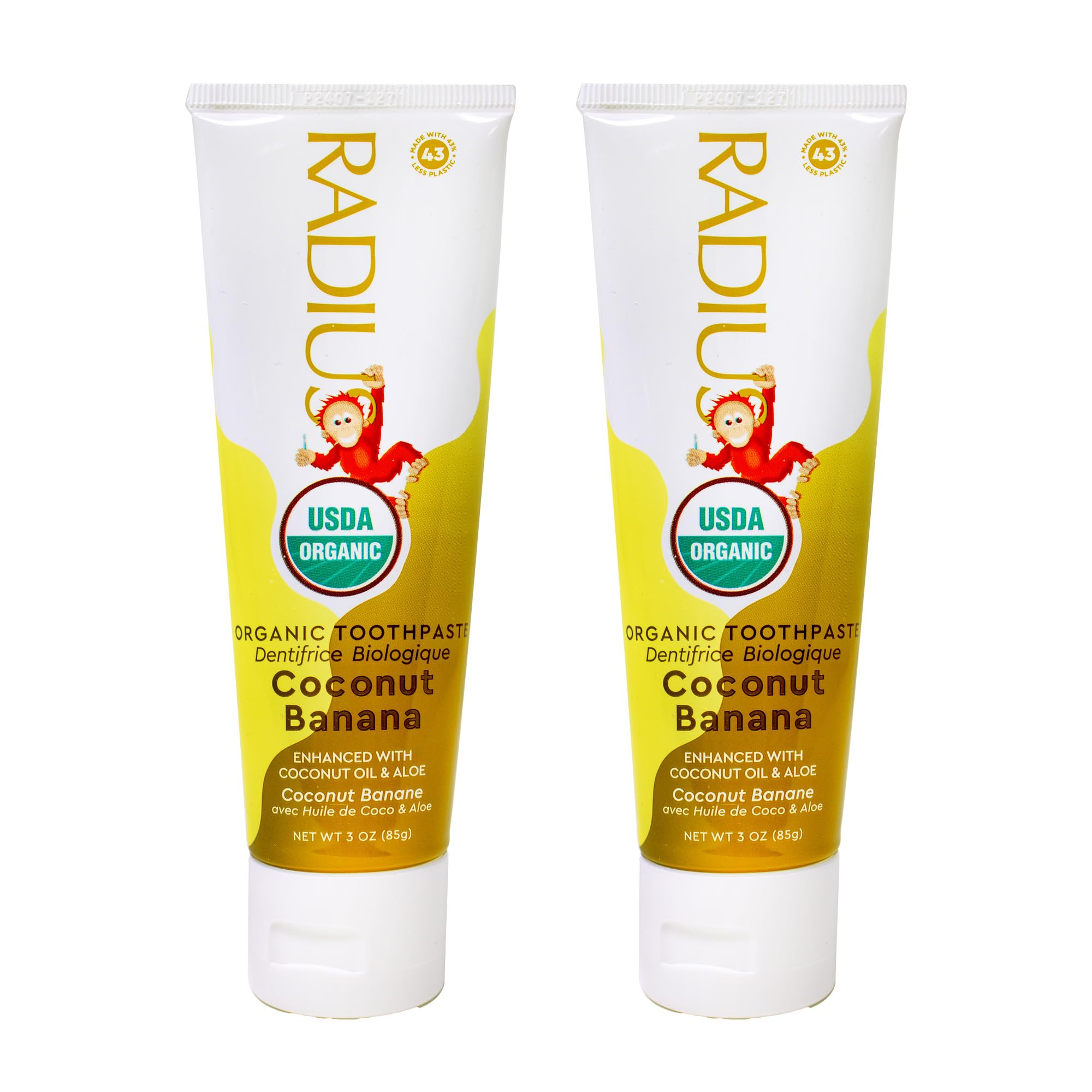 Front packaging of RADIUS USDA Organic Kids Toothpaste Coconut Banana