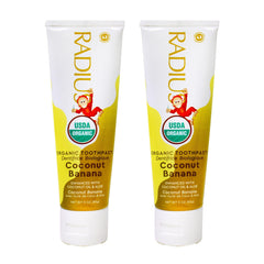 Front packaging of RADIUS USDA Organic Kids Toothpaste Coconut Banana