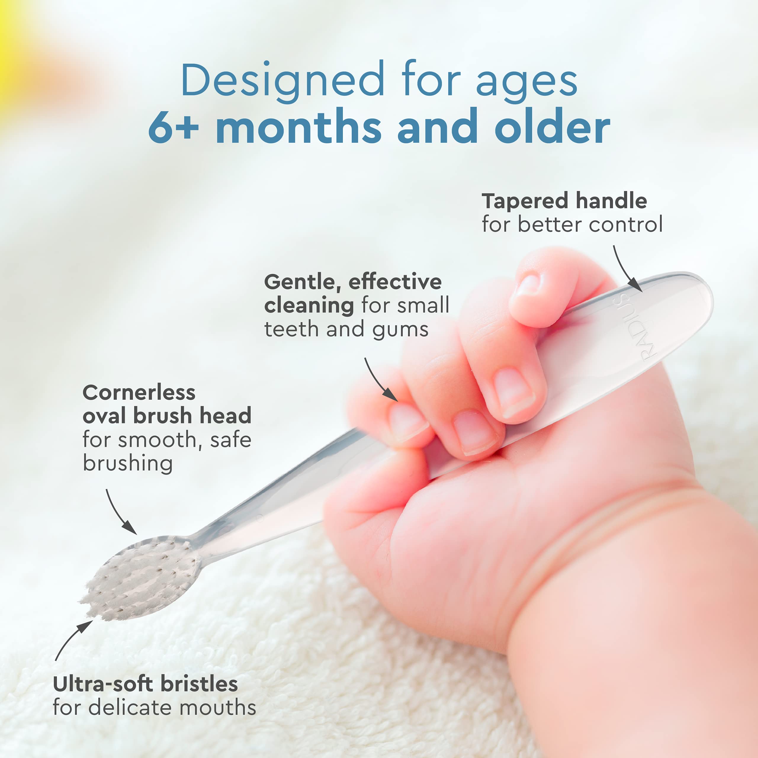 Oval brush head designed for tiny mouths