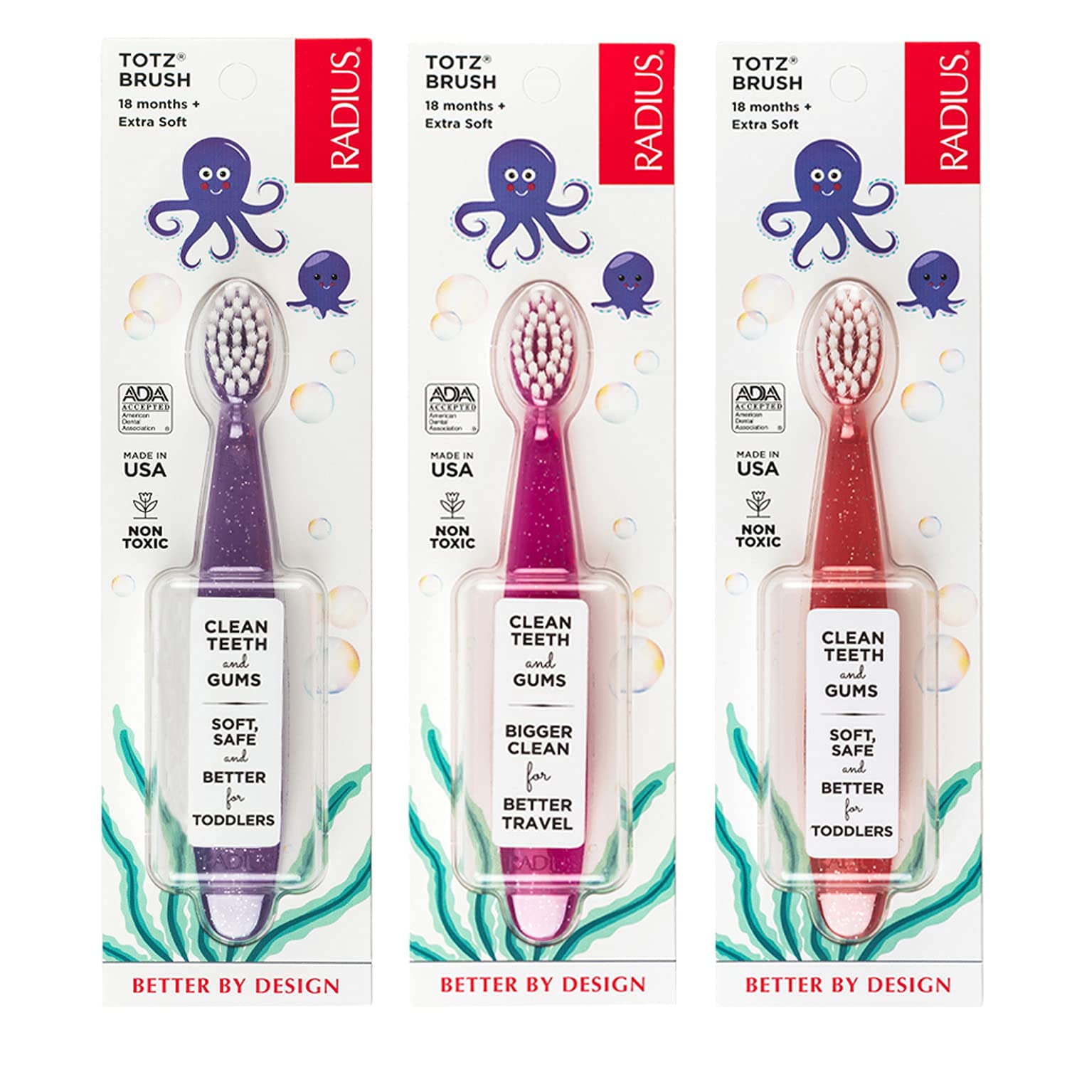 Close-up of Totz brush bristles: 4,500 soft vegetable-derived bristles