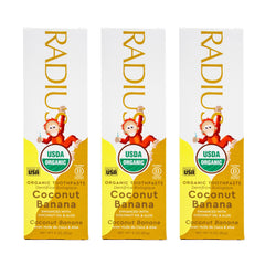 Front view of Radius USDA Organic Kids Toothpaste Coconut Banana 3oz pack of 3