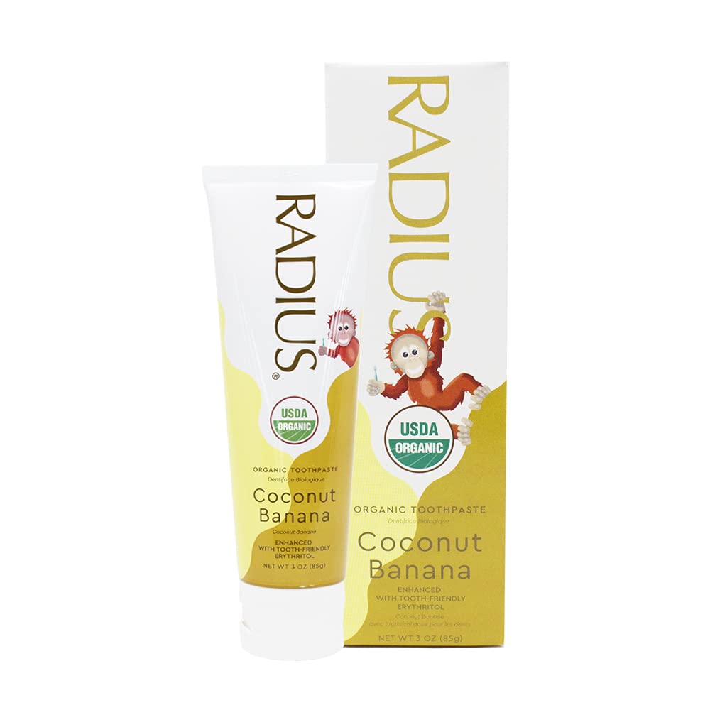 Child brushing with Radius Coconut Banana toothpaste
