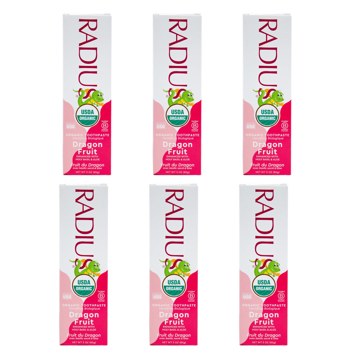 RADIUS Organic Kids Toothpaste Dragon Fruit 3oz Pack of 6 – front packaging