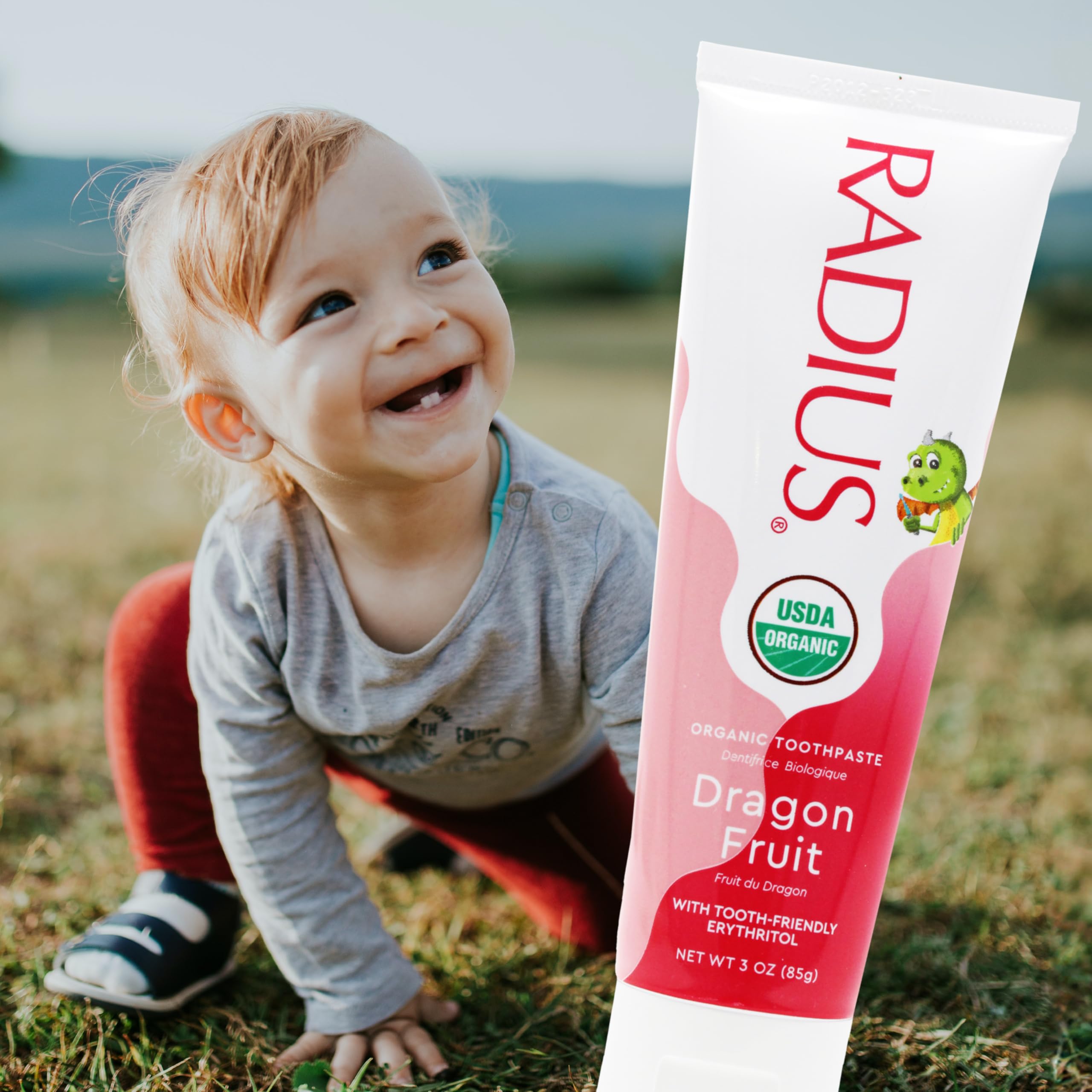 Ingredients panel area on RADIUS Kids Toothpaste packaging