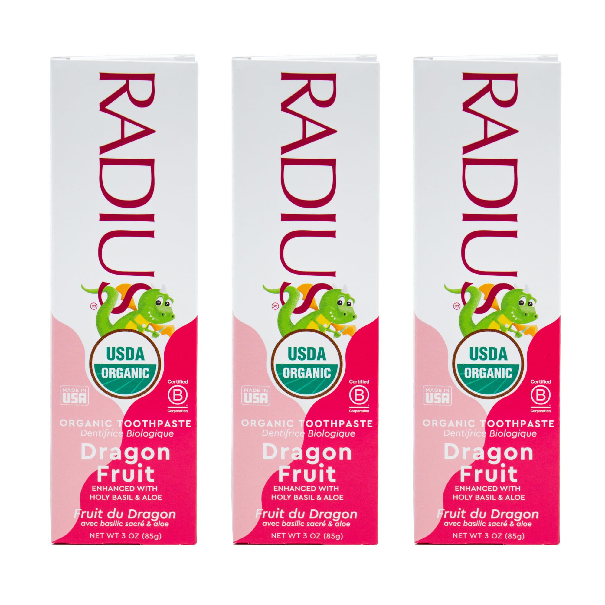 Front view of Radius USDA Organic Kids Toothpaste Dragon Fruit Pack of 3