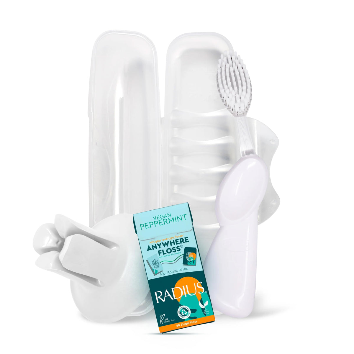 RADIUS Vacation Pastel Bundle 4-piece eco-friendly dental care set in white (left-handed brush, travel case, holder, floss)