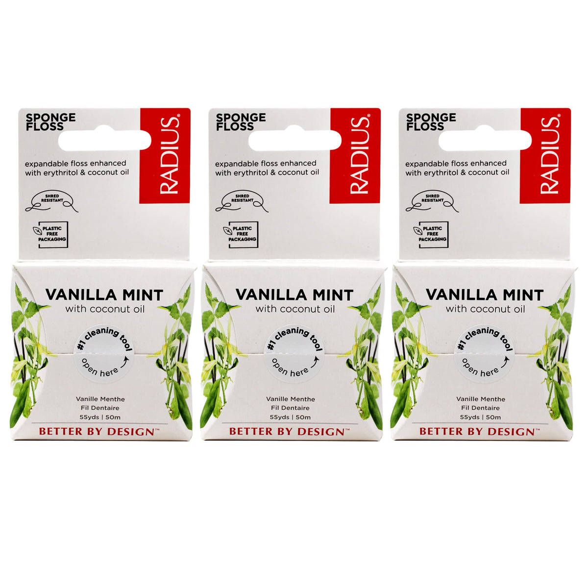 Radius Vanilla Mint Dental Floss 55 Yards - Pack of 3, vegan and non-toxic