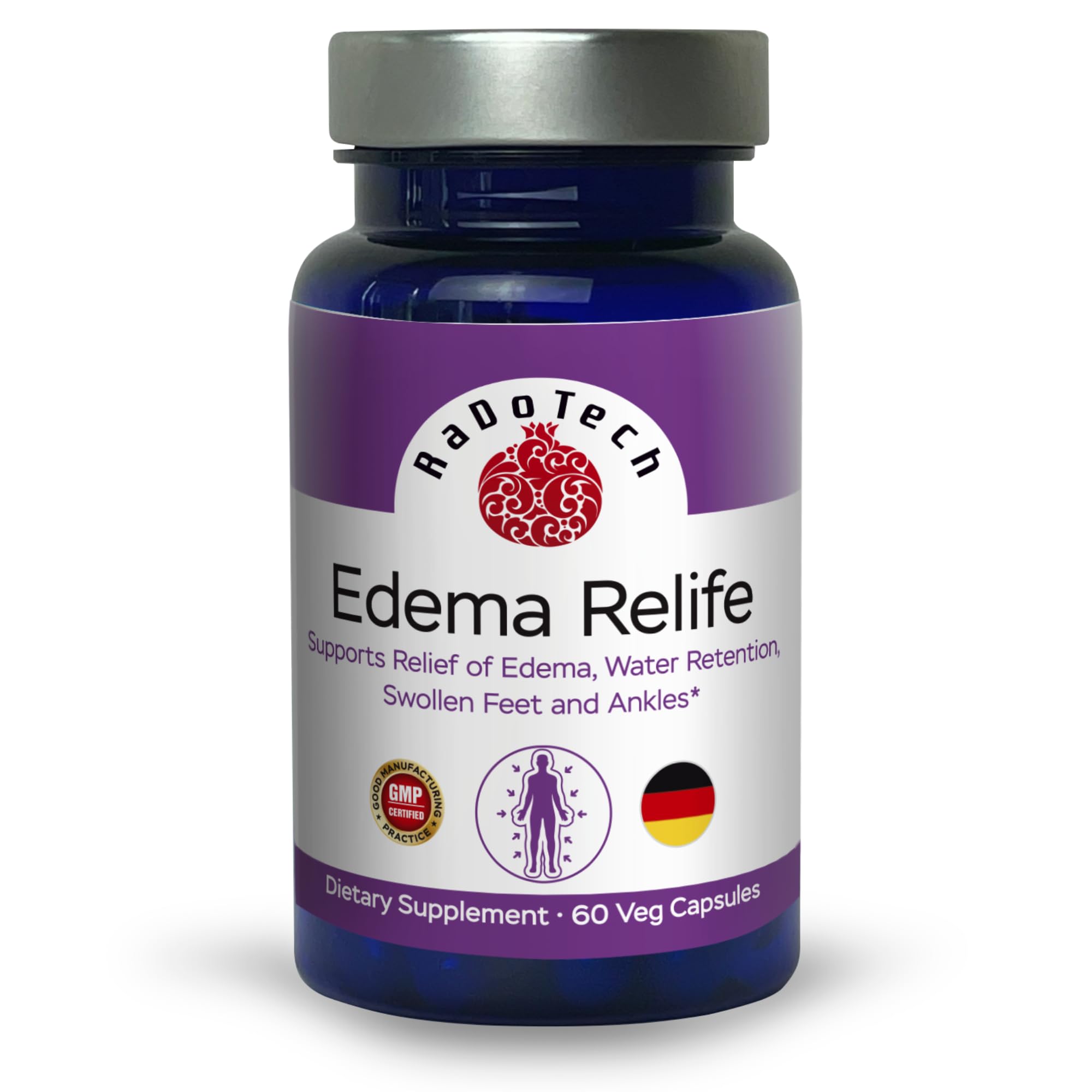 RaDoTech Edema Relife bottle and label with 60 vegan capsules