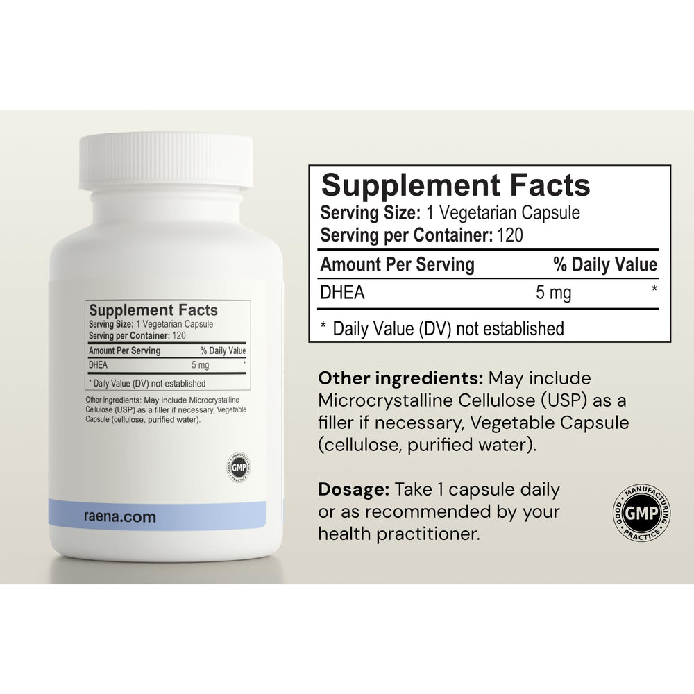 Raena DHEA 5mg bottle product packaging