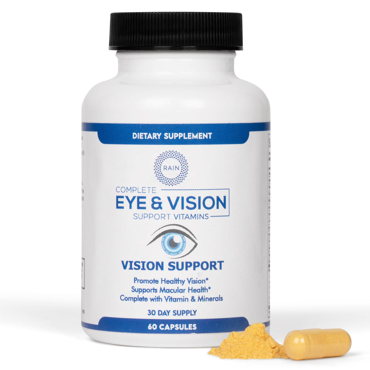 Bottle of Rain Eye vitamins containing 60 veggie capsules