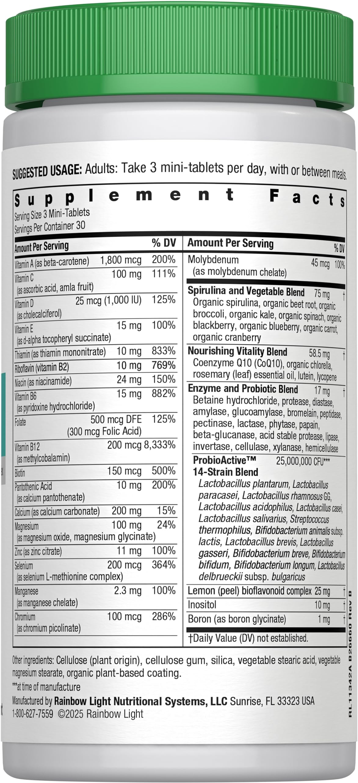 Nutrition facts and ingredients panel for Rainbow Light 50+ Mini-Tablet Multivitamin