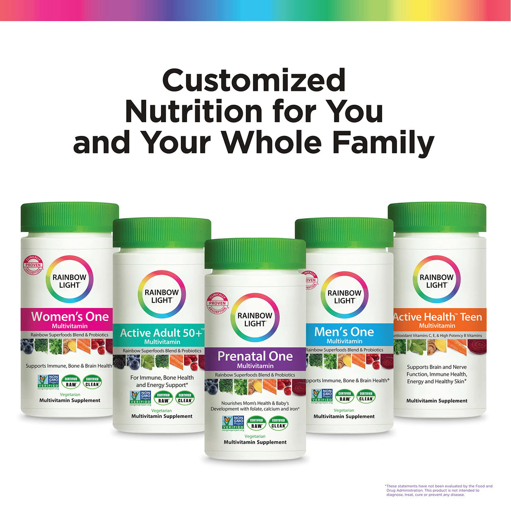 Rainbow Light Active Adult 50+ vegetarian certification badge showcases plant-based formula.