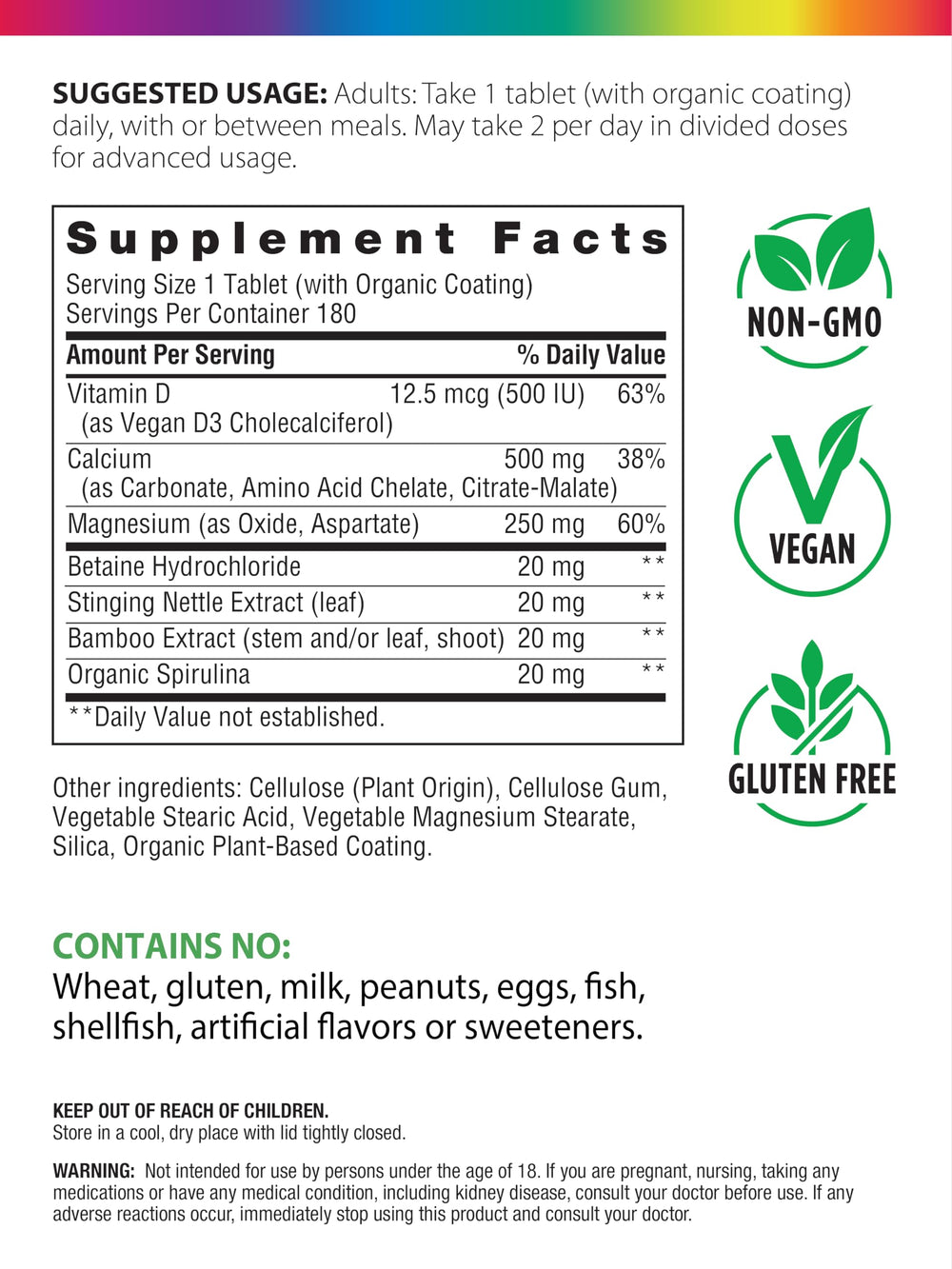 Close-up of Rainbow Light calcium-magnesium-vitamin D3 tablets