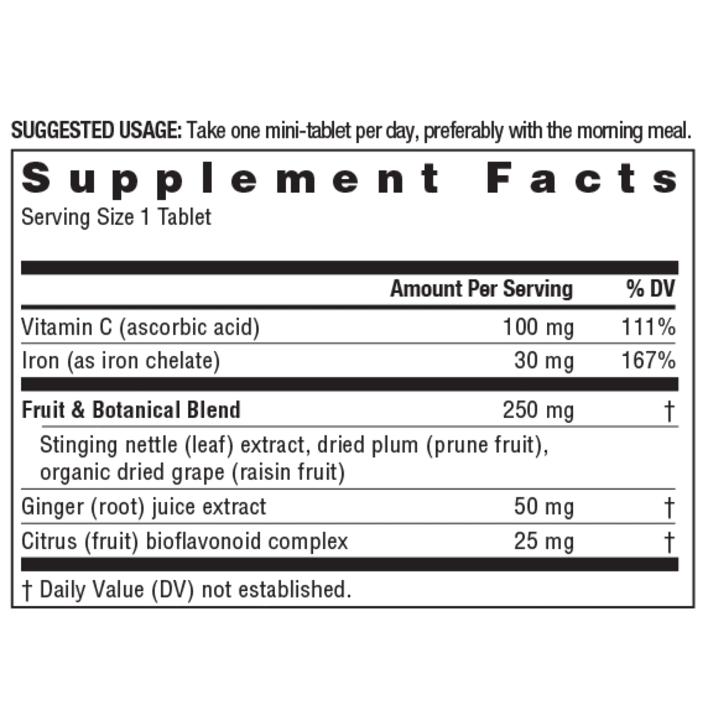 Front label detail highlighting Ferractiv iron and vitamin C