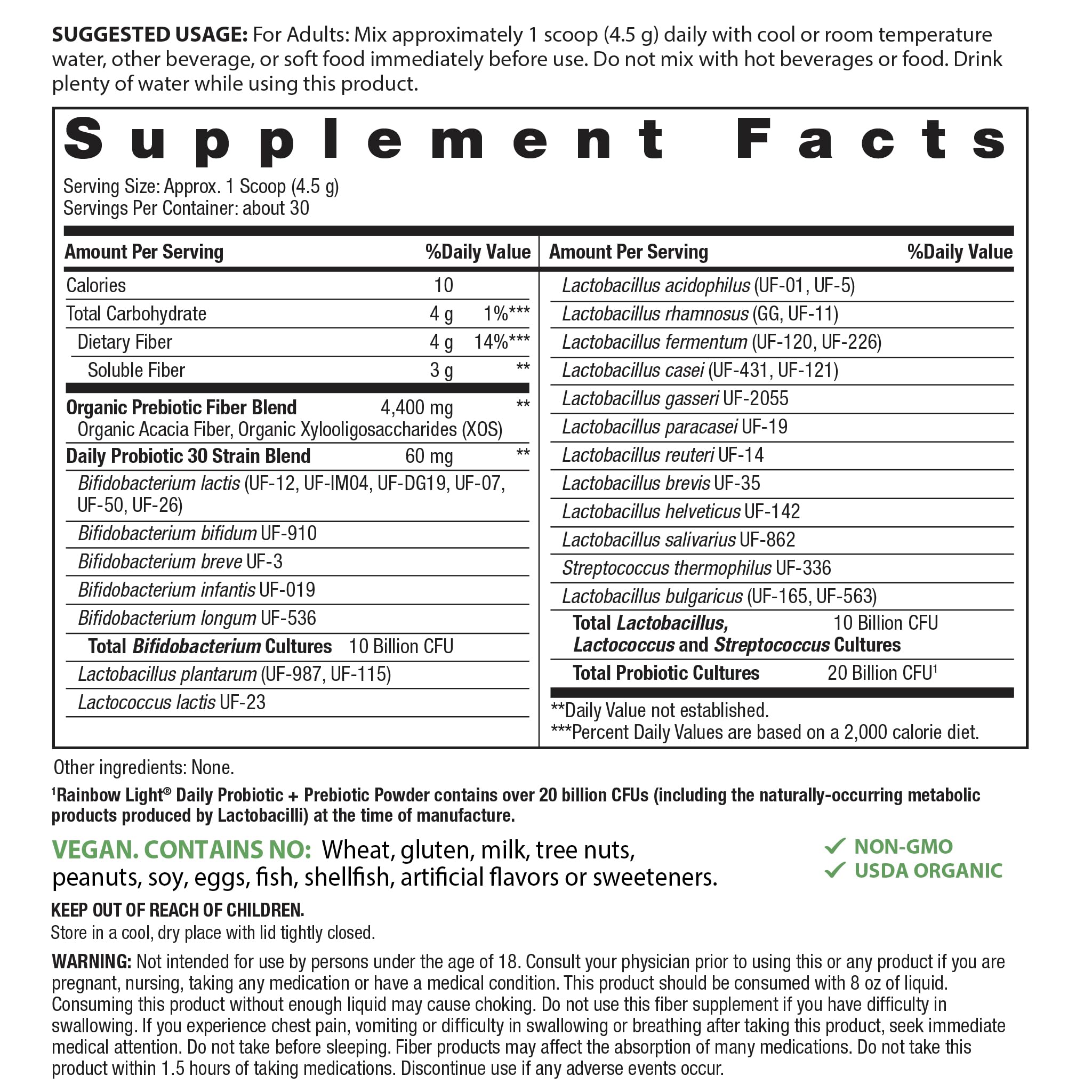 Label image showing 20B CFU and 30 probiotic strains for Rainbow Light powder