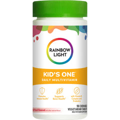 Front view of Rainbow Light Kids One multivitamin bottle, fruit punch flavor, 90-count