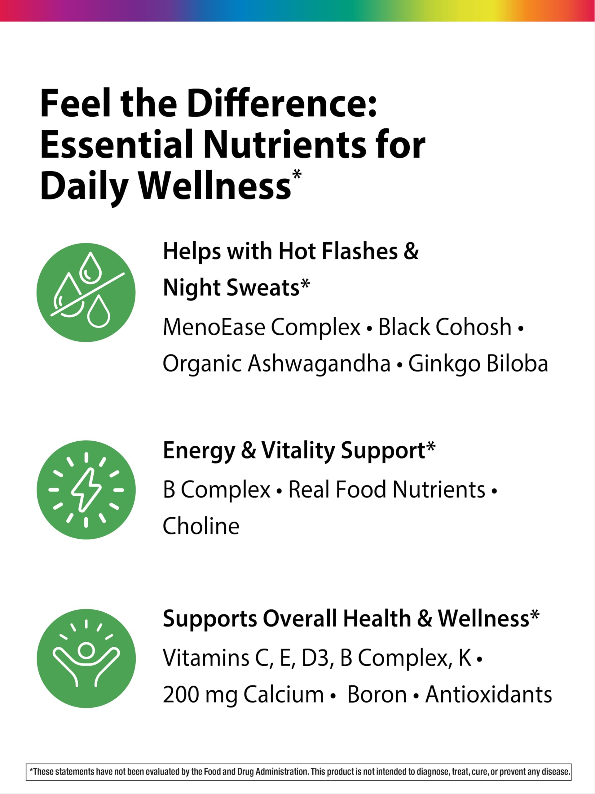 Highlights: energy support, cardiovascular and bone health in Rainbow Light Menopause One