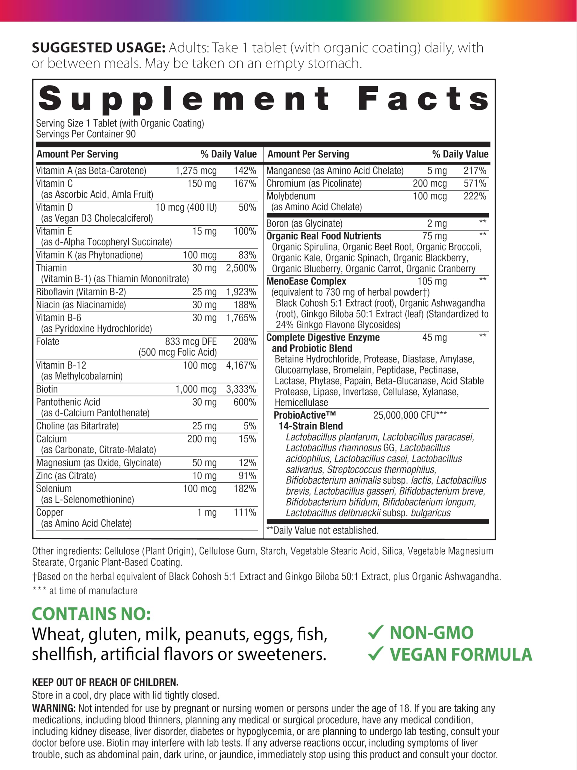 Nutritional ingredients panel for Rainbow Light Menopause One