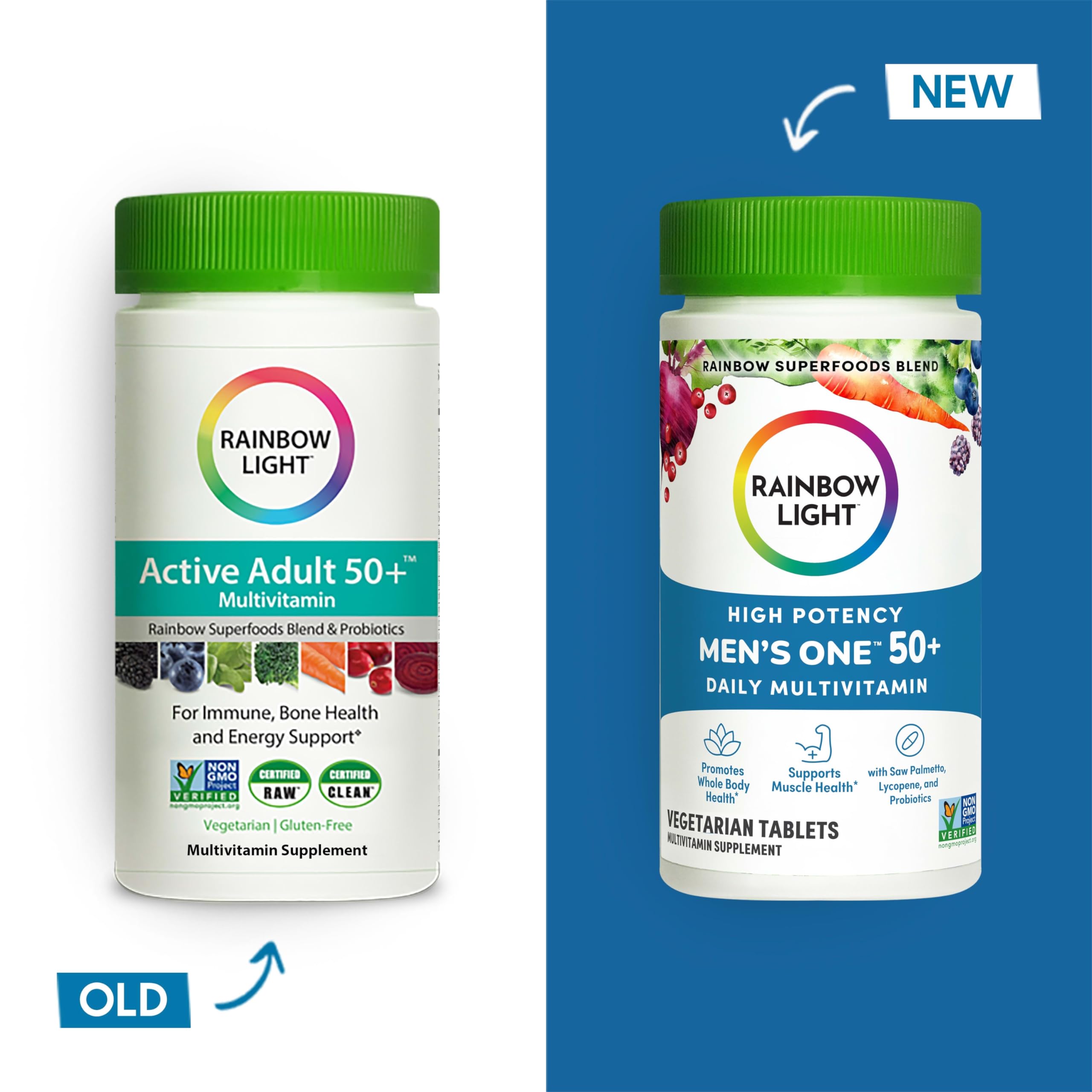 Close-up of Rainbow Light Men's One 50+ 150-tablet bottle