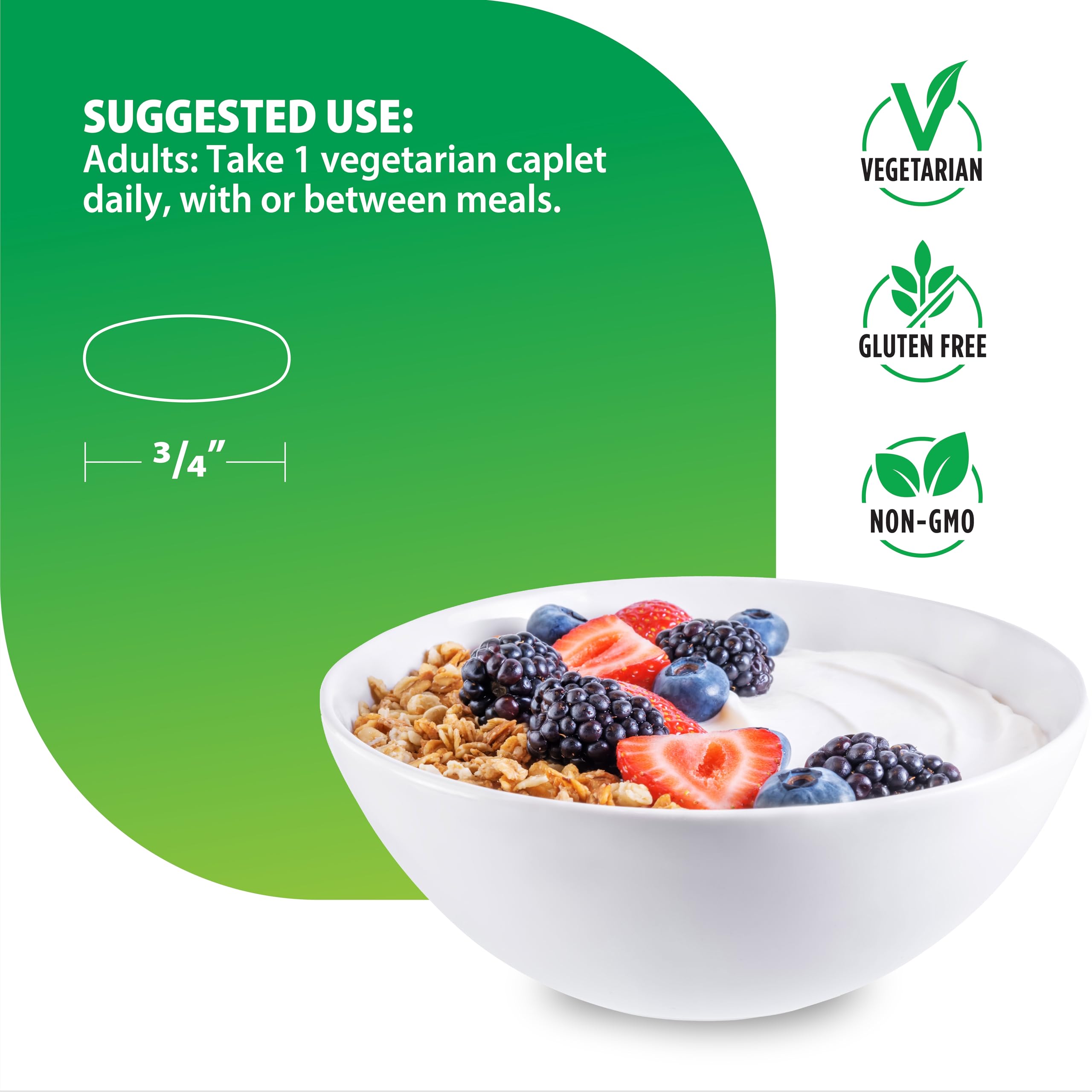 Nutrition facts graphic highlighting 100%+ DV vitamins and minerals