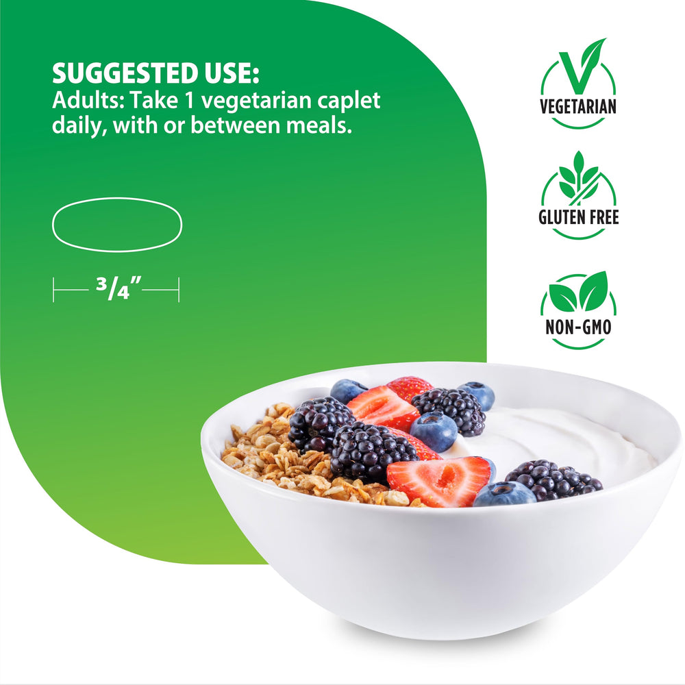 Nutrition facts graphic highlighting 100%+ DV vitamins and minerals