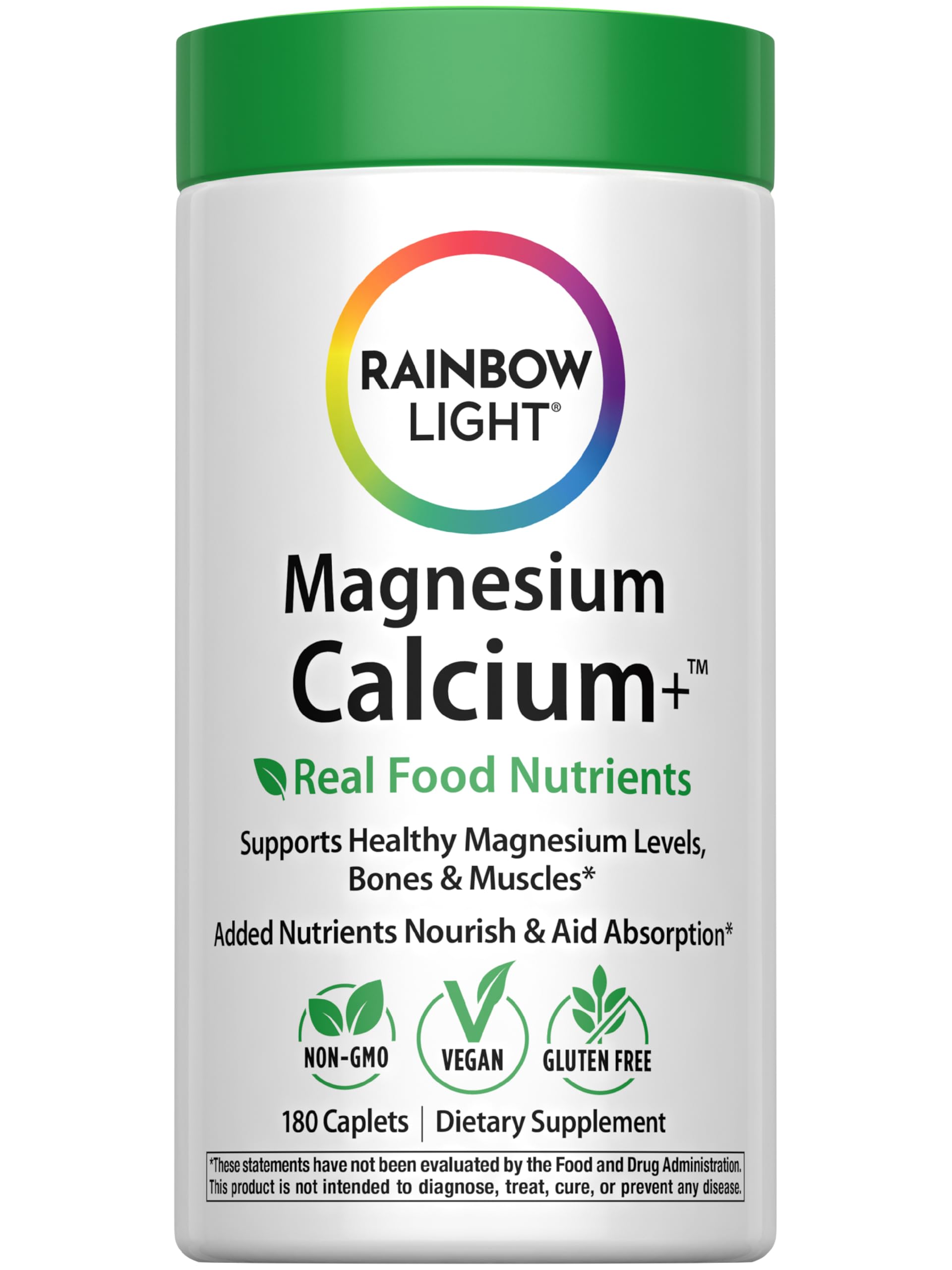 Rainbow Light Magnesium Calcium + Food Based Tablets bottle on white background