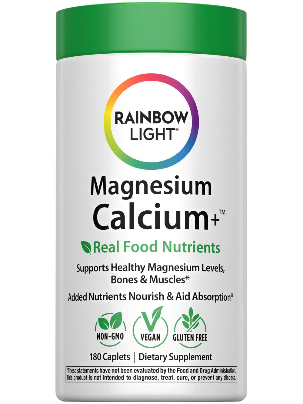 Rainbow Light Magnesium Calcium + Food Based Tablets bottle on white background